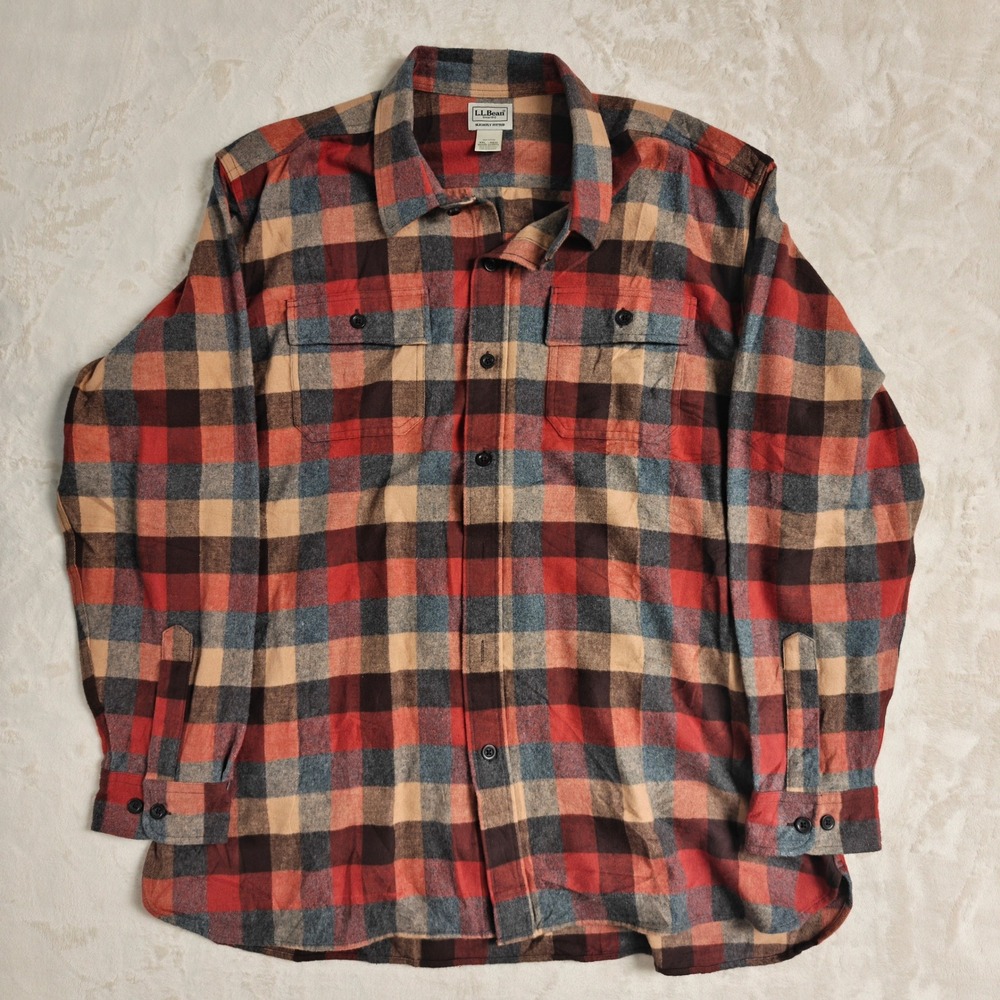 LL Bean Mens XXL Regular Flannel Shirt Slightly Fitted Plaid Red Blue 512313